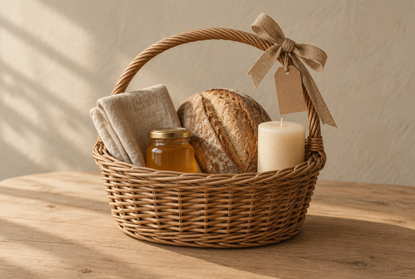 Oval handled wicker gift basket on a pale oak table filled with a linen napkin, a jar of honey, a small loaf and a cream candle, tied with a natural linen ribbon