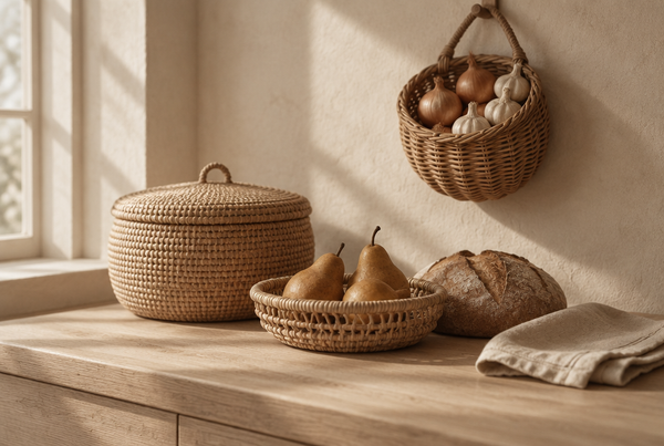 Warm neutral kitchen counter with a lidded rattan bread basket, a shallow woven basket of pears and a wall hanging wicker basket holding onions against a cream plaster wall