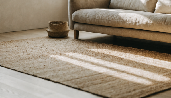 Large handwoven jute area rug on pale oak flooring in a sunlit living room, with the front legs of a linen sofa resting on the rug