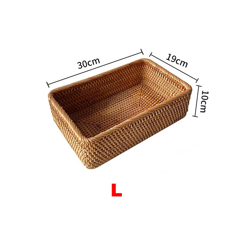 Handwoven Basket Organizer Wicker Basket Rectangular Rattan Basket Storage Tray Bread Fruit Picnic Basket Cosmetic Storage Box