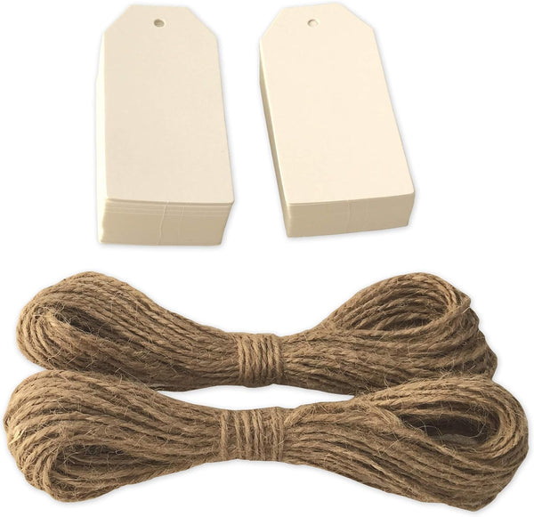 100 Hang Tags with Jute Twines 100Ft (White, 3 3/4" X 1 3/4")