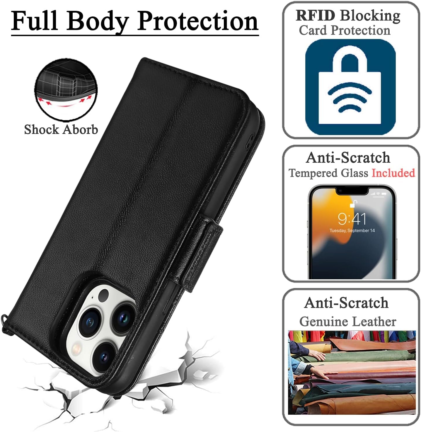Genuine Leather Wallet Case for Iphone 13 Pro Max, Wireless Charging Compatible, RFID Card Protection, Magnetic Detachable, Luxury Flip Folio Phone Cases Cover, Tempered Glass Included (Black)