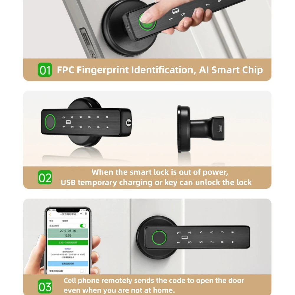 Tuya APP Remote Control Wifi Electronic Smart Door Lock with Biometric Camera Fingerprint Smart Card Password Key Unlock