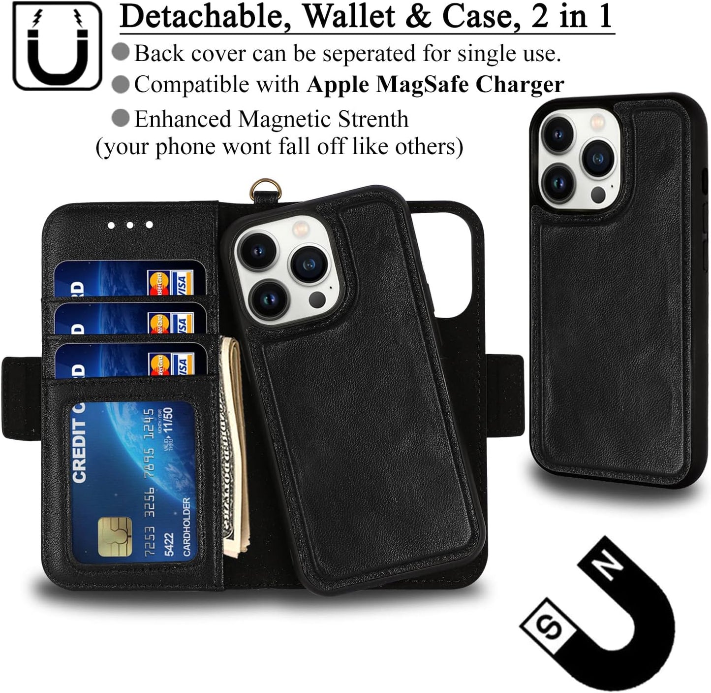 Genuine Leather Wallet Case for Iphone 13 Pro Max, Wireless Charging Compatible, RFID Card Protection, Magnetic Detachable, Luxury Flip Folio Phone Cases Cover, Tempered Glass Included (Black)