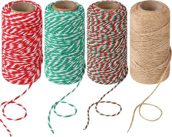 4 Rolls Natural Jute Twine, Red, Green & White - 70M/Roll
