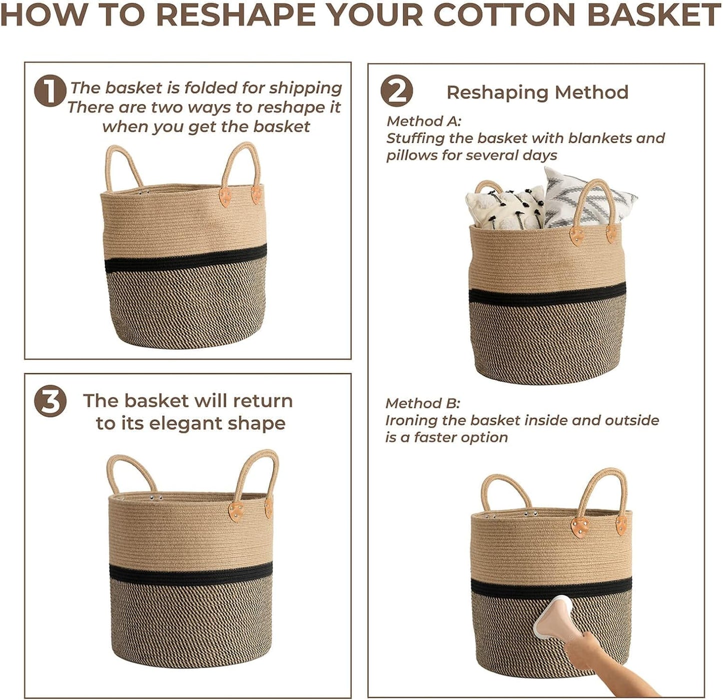 Extra Large Jute Woven Storage Basket with Handles – Laundry Basket Toy Towels Blanket Basket Home Decor Gift, 16" X 16", Black