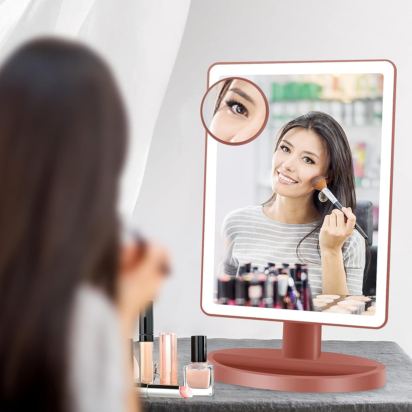 Large Lighted Vanity Makeup Mirror, 14.56 in X 8.97 In, 88 LED, 360 Rotation Touch Screen, 10X Magnification Tabletop Cosmetic Make up Mirror, Rose Gold