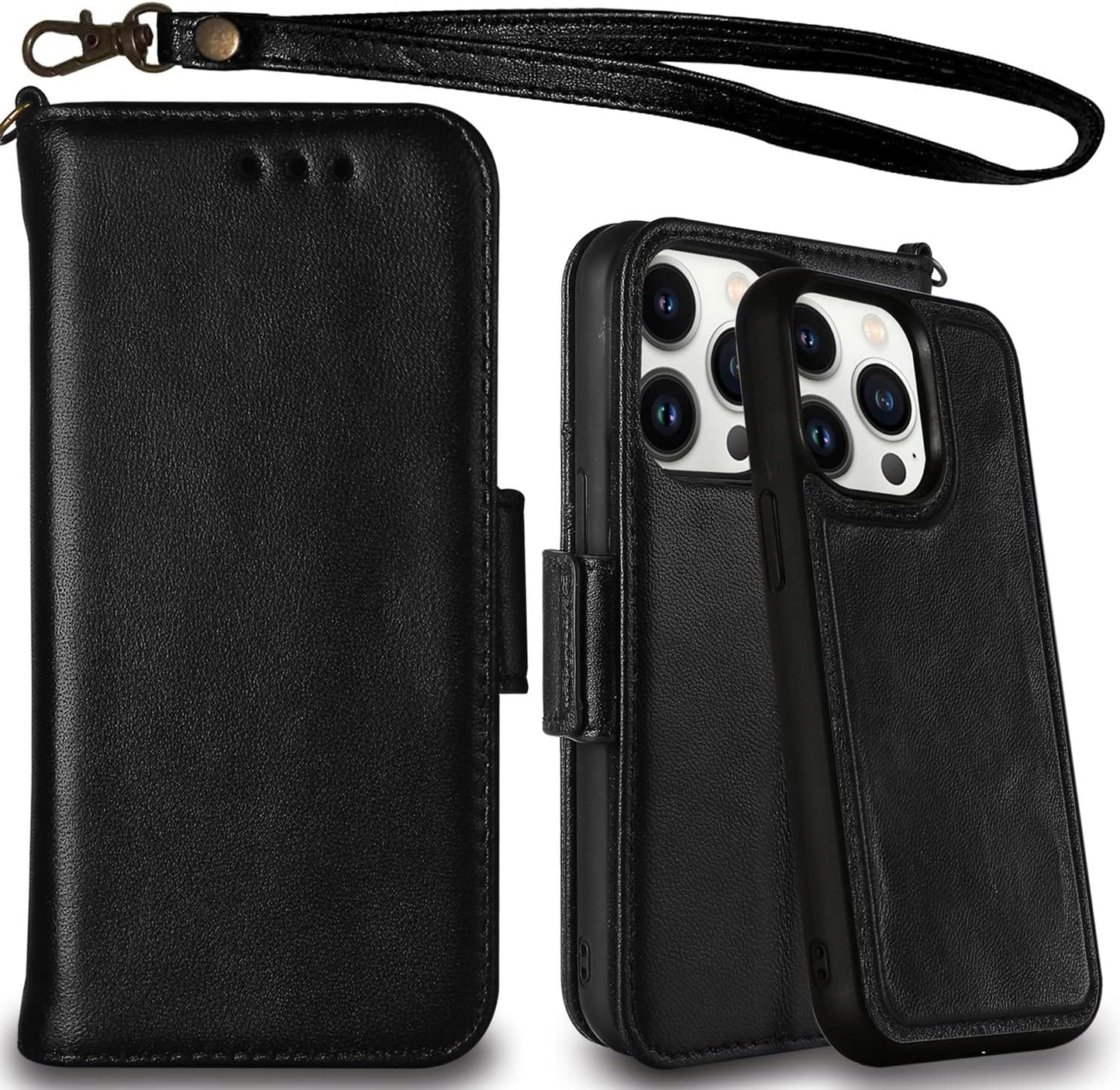 Genuine Leather Wallet Case for Iphone 13 Pro Max, Wireless Charging Compatible, RFID Card Protection, Magnetic Detachable, Luxury Flip Folio Phone Cases Cover, Tempered Glass Included (Black)