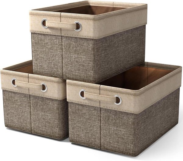 Storage Baskets for Shelves, Foldable Organizer (3 Pack, Brown) | Big 15-Inch Cubby Bins with Sturdy Collapsible Construction and Dual Handles for Decorative Organization at Home or Office.