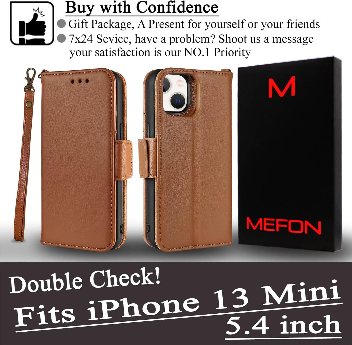Genuine Leather Folio Wallet Case for Iphone 13 Mini 5G, Wireless Charging Compatible, RFID Card Protection, Magnetic Detachable, Luxury Flip Phone Cases Cover, Tempered Glass Included (Brown)