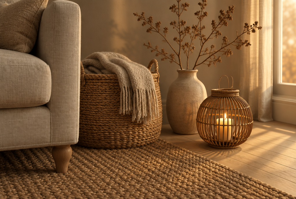 Cosy living room corner in warm neutral tones with a chunky jute rug, a woven basket holding an oatmeal throw, a rattan lantern and a vase of dried branches in soft evening light