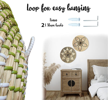 Handmade Woven Basket Wall Decor - Rattan Hanging round Baskets Boho Flat (Set 2 B and F)