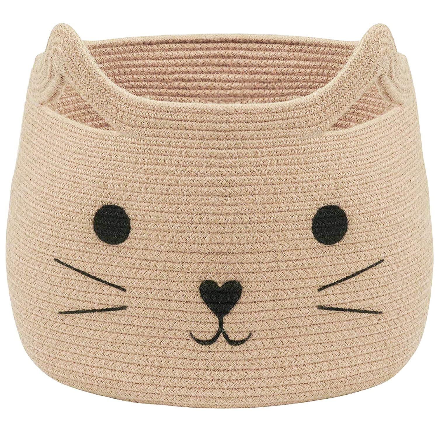 Animal Baskets Large Woven Cotton Rope Storage with Cute Cat Design Laundry Organizer for Towels, Blanket, Toys, Clothes, Gifts – Cat Toy Box Pet or Baby Gift Baskets 15"Lx14H"