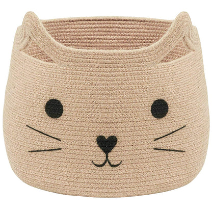 Animal Baskets Large Woven Cotton Rope Storage with Cute Cat Design Laundry Organizer for Towels, Blanket, Toys, Clothes, Gifts – Cat Toy Box Pet or Baby Gift Baskets 15"Lx14H"