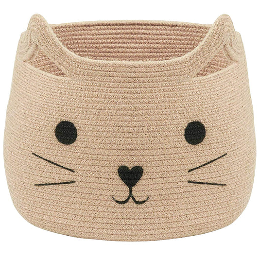 Animal Baskets Large Woven Cotton Rope Storage with Cute Cat Design Laundry Organizer for Towels, Blanket, Toys, Clothes, Gifts – Cat Toy Box Pet or Baby Gift Baskets 15"Lx14H"