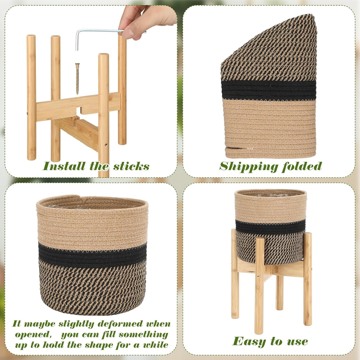 Plant Basket with Stand Indoor Planter Pot Holder Sturdy Jute Rope Modern Woven Basket, Cotton Rope Woven Pot with Bamboo Stand(7.87 Inch,Black and Beige Stripes)