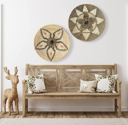 Handmade Woven Basket Wall Decor - Rattan Hanging round Baskets Boho Flat (Set 2 B and F)