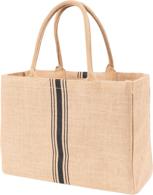 Jute Market Tote Bag with Handles, Triple Stripe