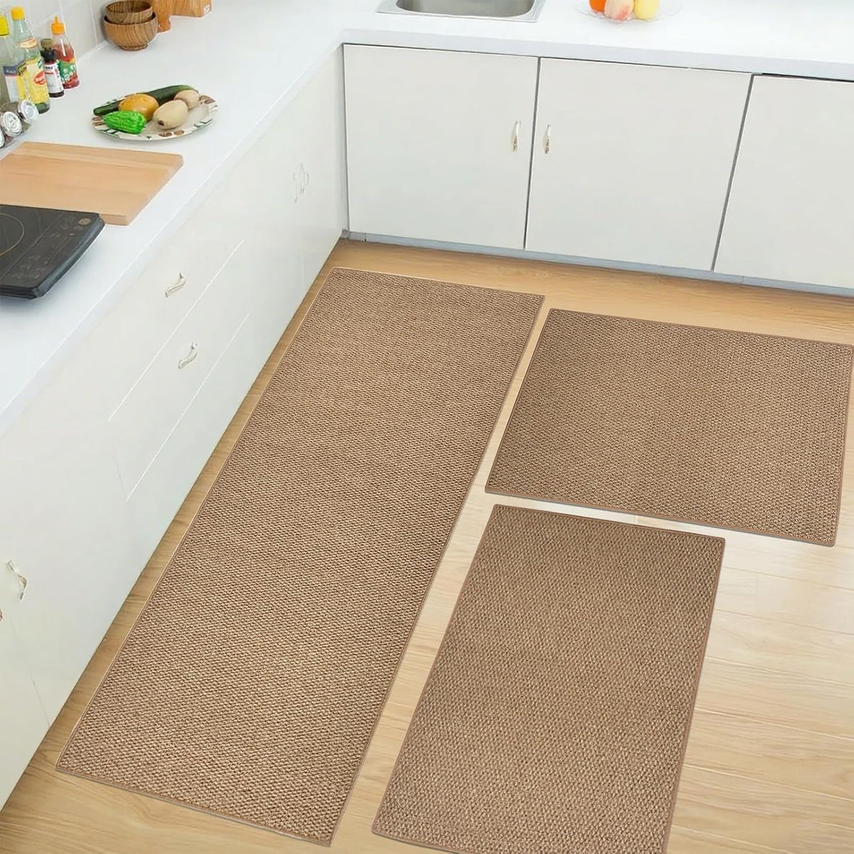 Kitchen Mat Set - 3 Pcs Faux Jute Laundry Room Rugs Kitchen Sink Mat, Farmhouse Entrance Doormat, Washable Area Rug for Bedroom Entryway Hallway Mudroom Decor, Indoor/Outdoor, Coffee