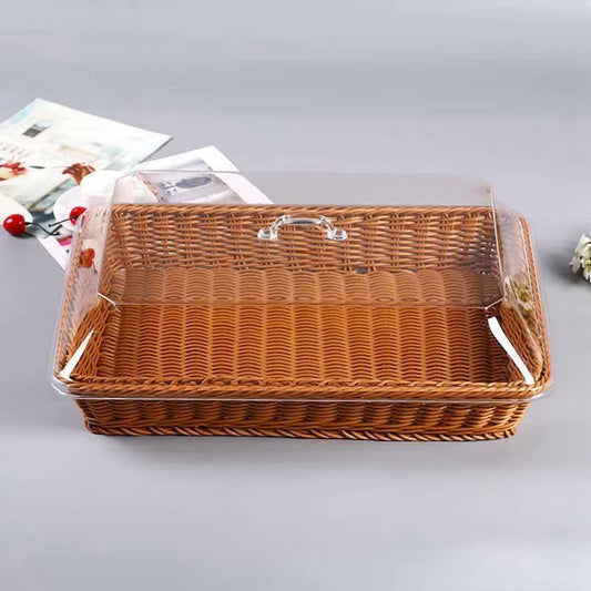 Woven Rattan Basket Bread Basket with Acrylic Lid Tabletop Woven Fruit Basket with Cover Imitation Rattan Bread Basket Decor