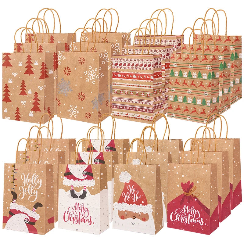 5Pcs Kraft Paper Gift Bags Merry Christmas Candy Cookie Packaging Bag Boxes Natal Kids Favors 2025 New Year Party Decoration
