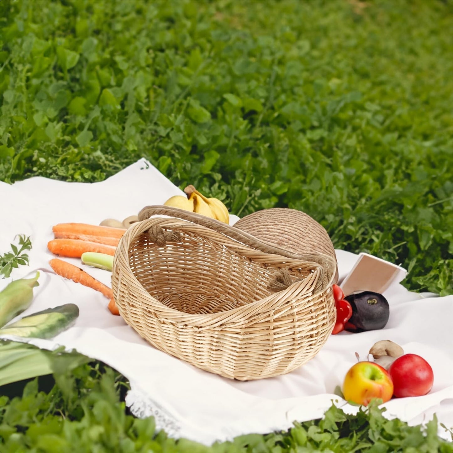 JJSQ Wicker Woven Basket with Jute Rope Handle Garden Harvest Basket Wicker S...