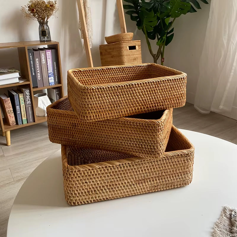 Handwoven Basket Organizer Wicker Basket Rectangular Rattan Basket Storage Tray Bread Fruit Picnic Basket Cosmetic Storage Box