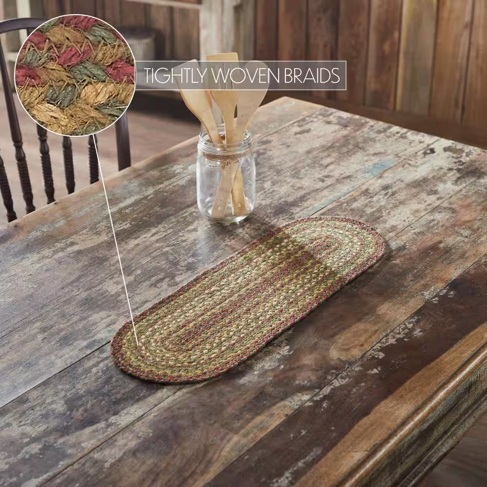Tea Cabin 8 In. W X 24 In. L Moss Green Crimson Creme Geometric Jute Table Runner