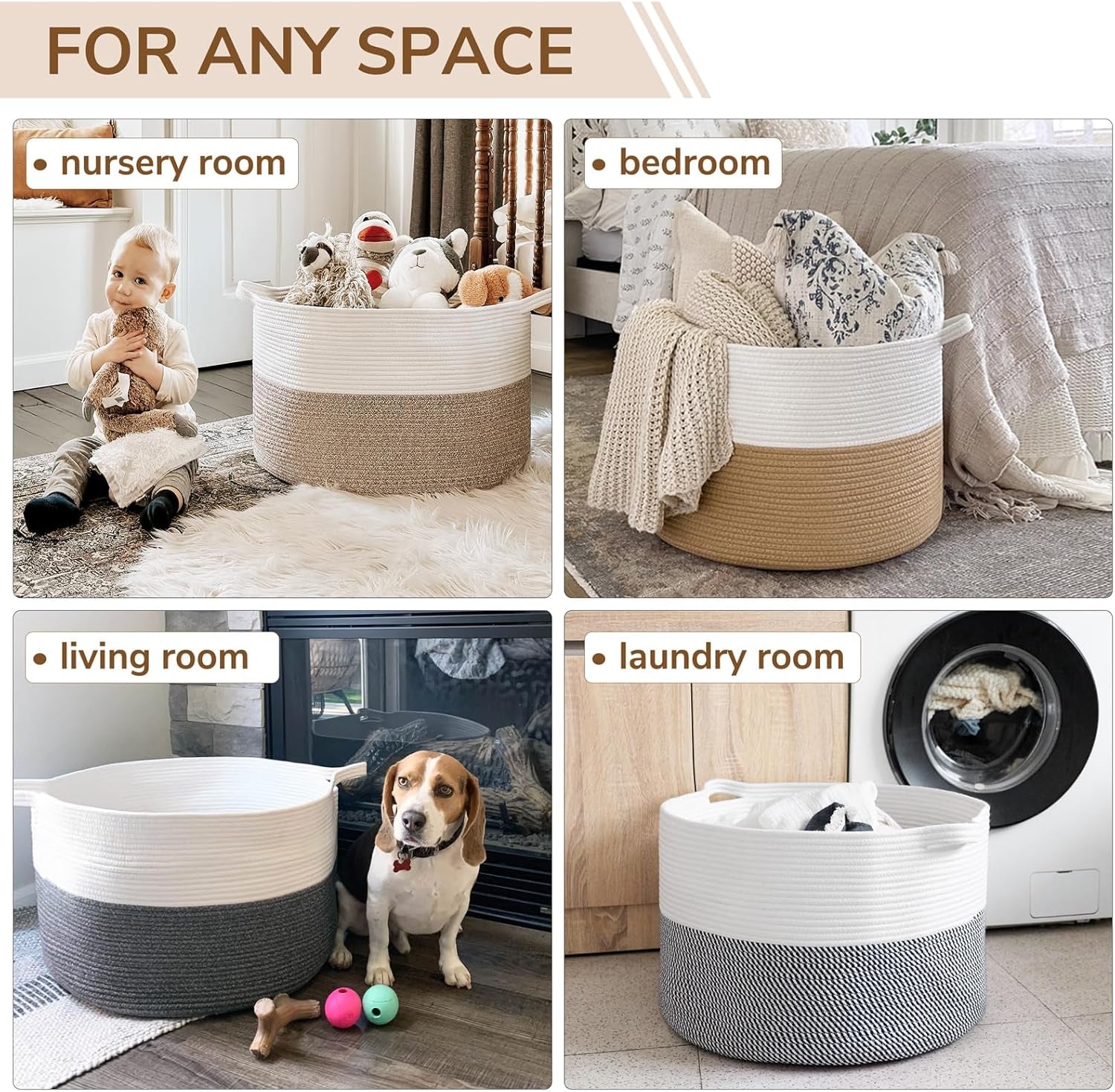 Xxxlarge Jute Rope Basket 21.7" X 21.7" X 13.8" Woven Baby Laundry Baskets for Blankets Toys Storage Basket with Handle Comforter Cushions Storage Bins Thread Laundry Hamper