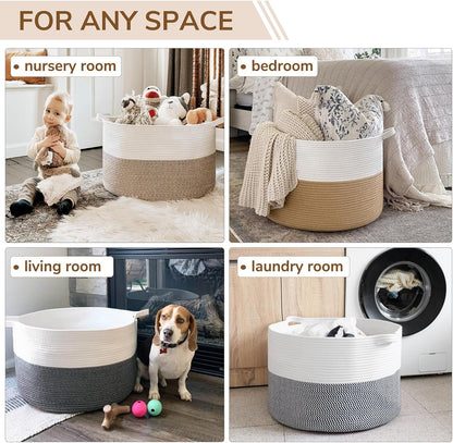 Xxxlarge Jute Rope Basket 21.7" X 21.7" X 13.8" Woven Baby Laundry Baskets for Blankets Toys Storage Basket with Handle Comforter Cushions Storage Bins Thread Laundry Hamper