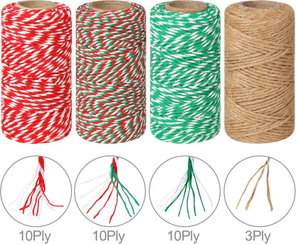4 Rolls Natural Jute Twine, Red, Green & White - 70M/Roll