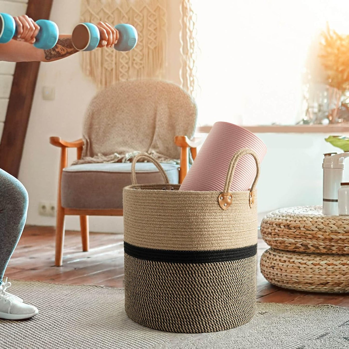 Extra Large Jute Woven Storage Basket with Handles – Laundry Basket Toy Towels Blanket Basket Home Decor Gift, 16" X 16", Black