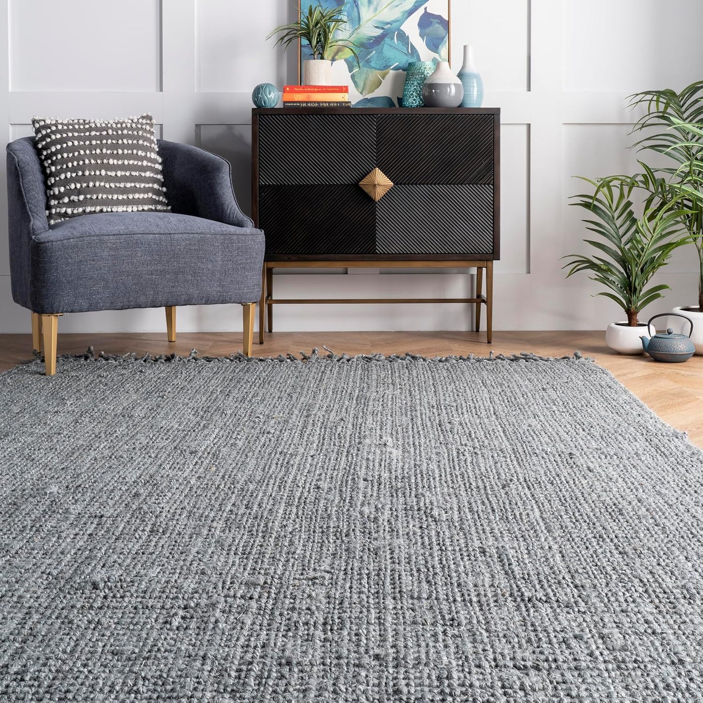 Daniela Grey, 6' X 9', Handmade, Jute, Tassel, Soft and Textured, High Traffic, Stain Resistant, Easy Clean, Durable Area Rug for Bedroom, Living Room, Dining Space, Foyer, Entryway