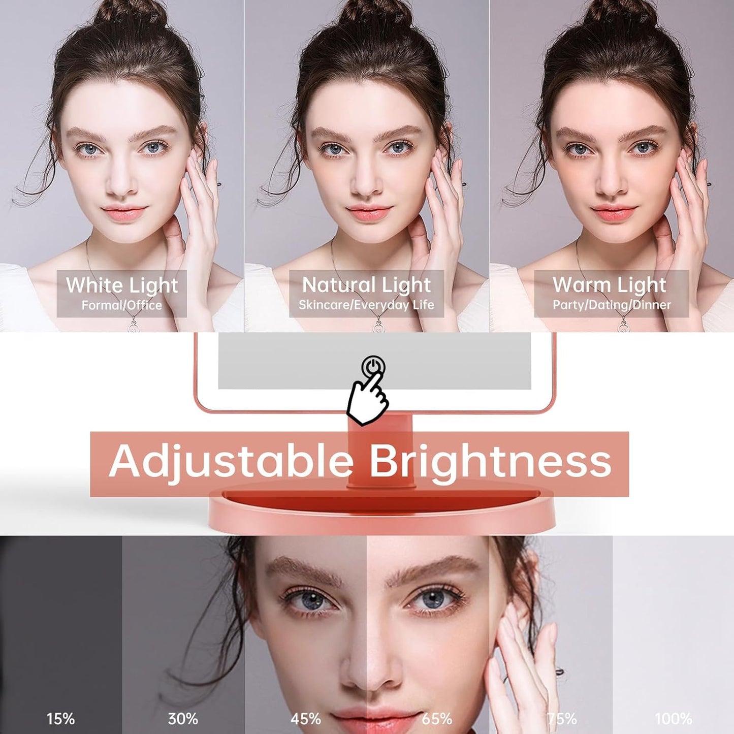 Large Lighted Vanity Makeup Mirror, 14.56 in X 8.97 In, 88 LED, 360 Rotation Touch Screen, 10X Magnification Tabletop Cosmetic Make up Mirror, Rose Gold