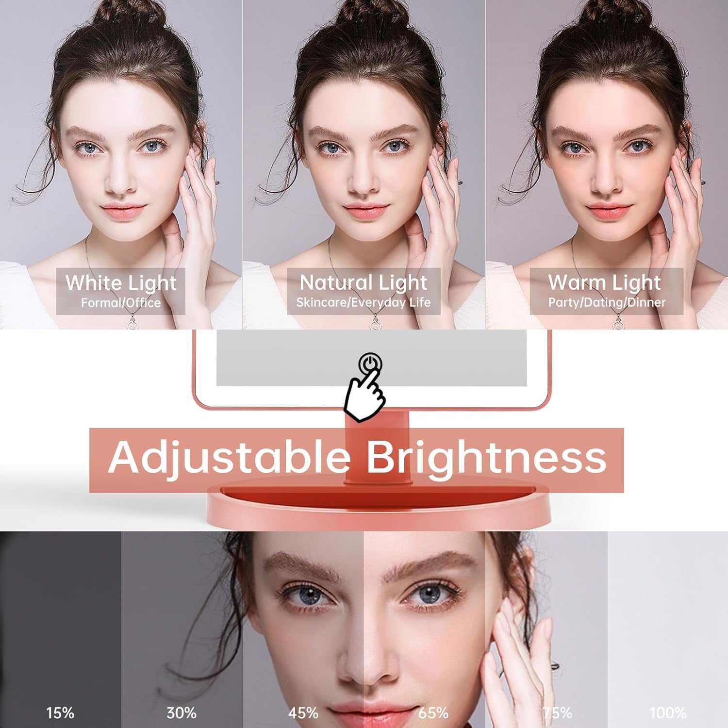 Large Lighted Vanity Makeup Mirror, 14.56 in X 8.97 In, 88 LED, 360 Rotation Touch Screen, 10X Magnification Tabletop Cosmetic Make up Mirror, Rose Gold