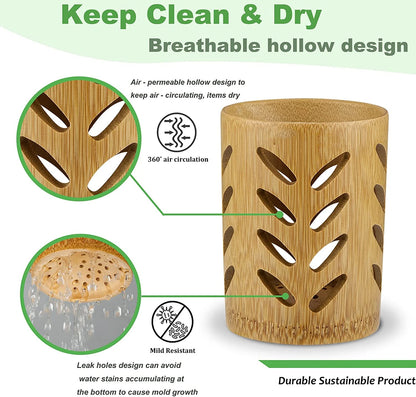 Bamboo Toothbrush Holder for Bathroom Toothbrush Cup with Drainage Quick Drying Bathroom Cup Air Circulation Toothpaste Holder