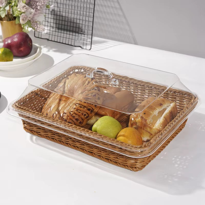 Woven Rattan Basket Bread Basket with Acrylic Lid Tabletop Woven Fruit Basket with Cover Imitation Rattan Bread Basket Decor
