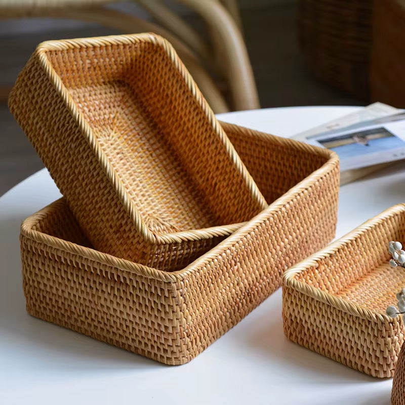 Handwoven Basket Organizer Wicker Basket Rectangular Rattan Basket Storage Tray Bread Fruit Picnic Basket Cosmetic Storage Box