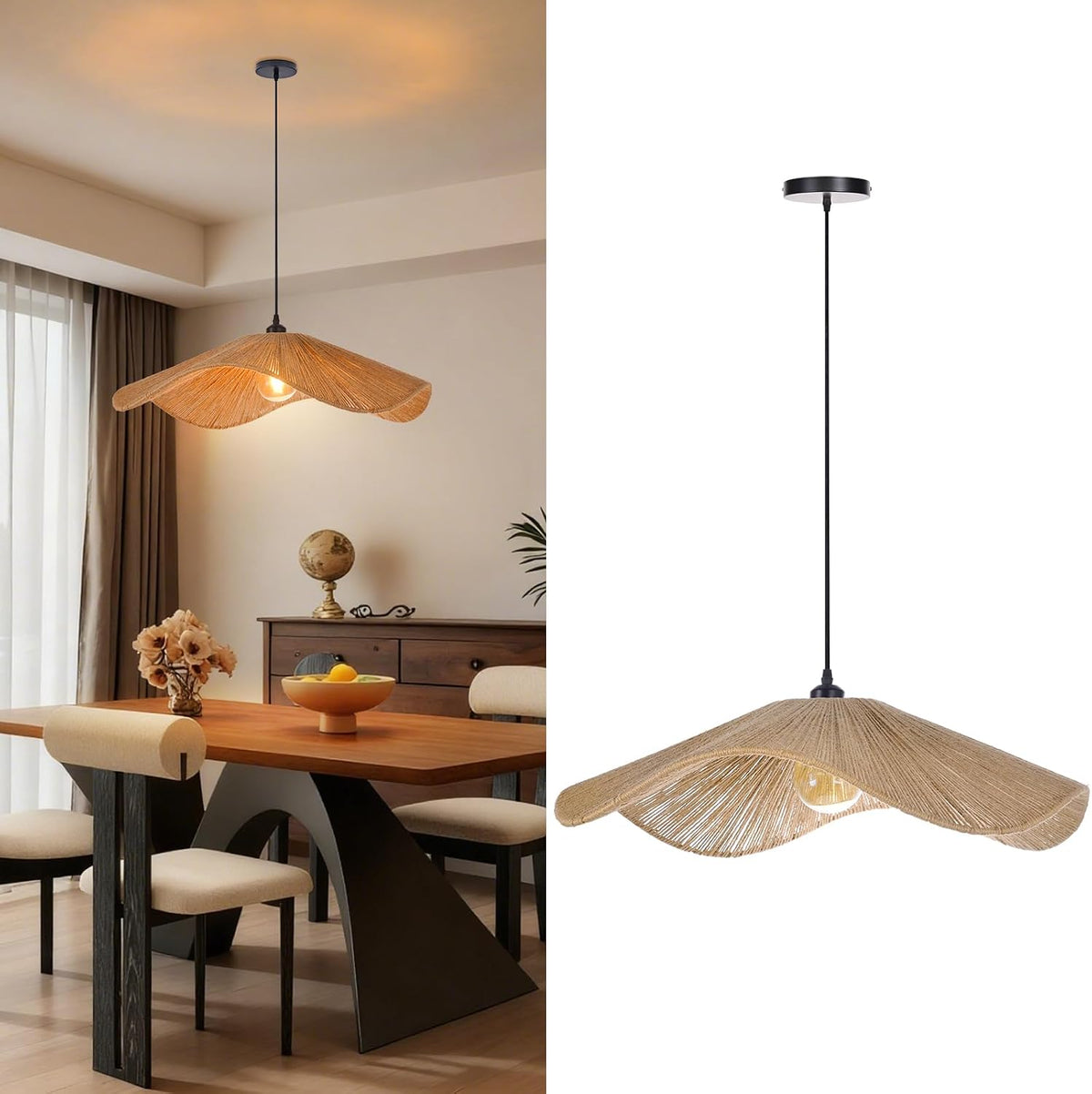 25.5" Boho Twine Pendant Lamp Shade,Large Woven Hanging Lighting for Living Room Bedroom Adjustable Modern Chandelier for Kitchen Hallway