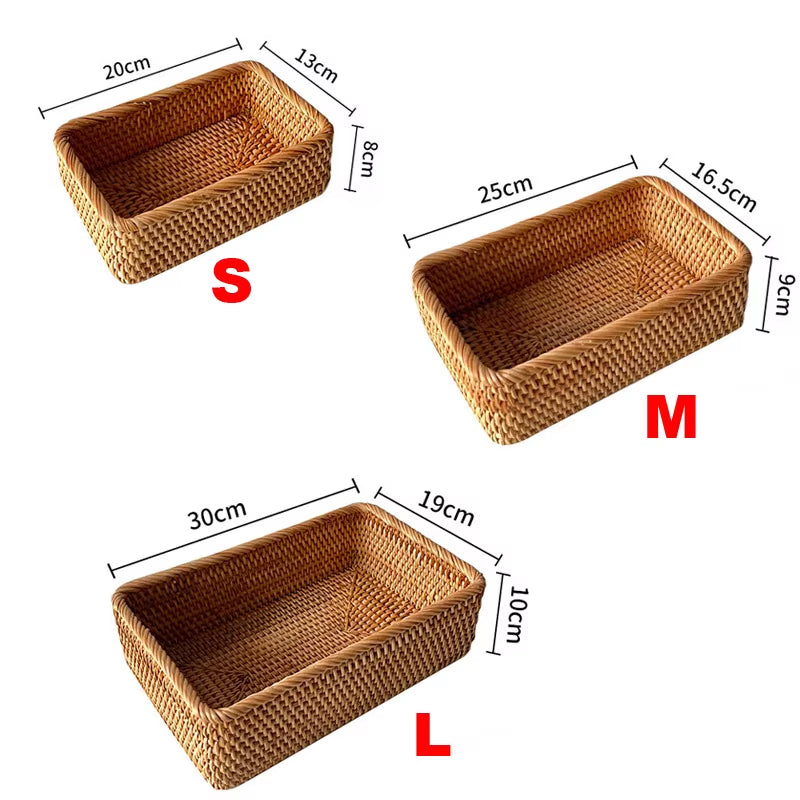 Handwoven Basket Organizer Wicker Basket Rectangular Rattan Basket Storage Tray Bread Fruit Picnic Basket Cosmetic Storage Box