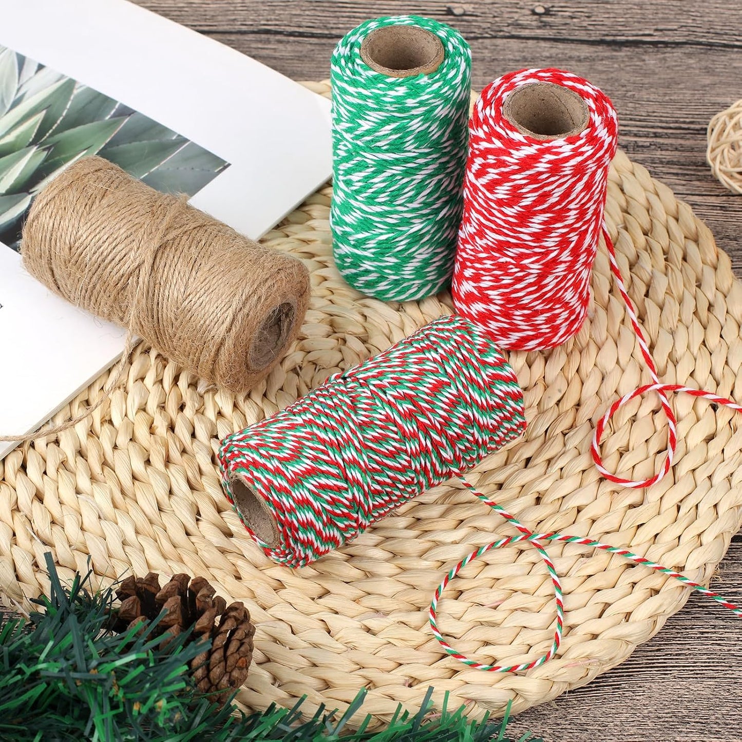 4 Rolls Natural Jute Twine, Red, Green & White - 70M/Roll