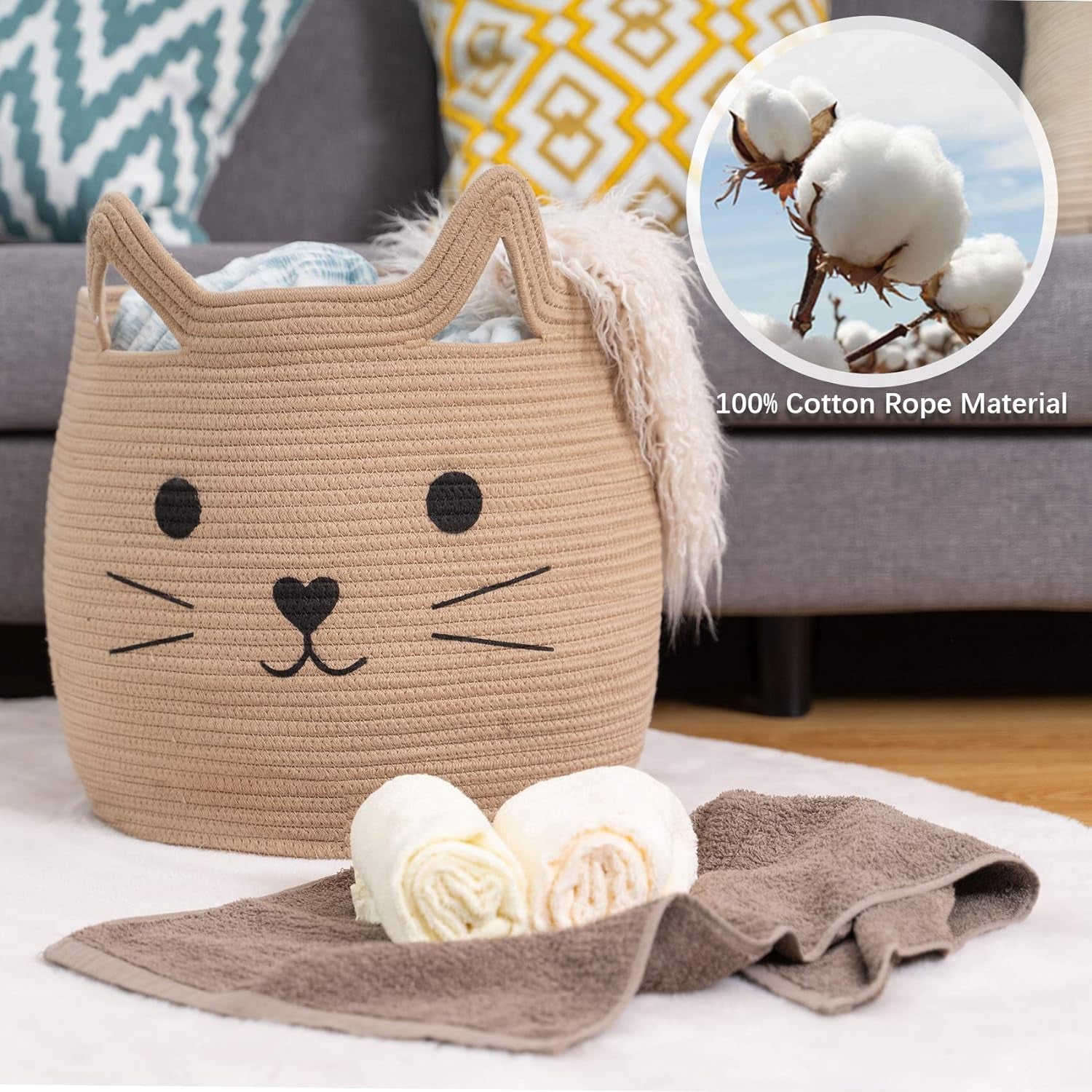 Animal Baskets Large Woven Cotton Rope Storage with Cute Cat Design Laundry Organizer for Towels, Blanket, Toys, Clothes, Gifts – Cat Toy Box Pet or Baby Gift Baskets 15"Lx14H"
