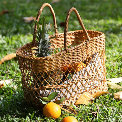 Woven Picnic Basket Large Capacity Fashionable Handmade Shopping Basket Portable Rattan Basket for Camping Picnic BBQ Fishing