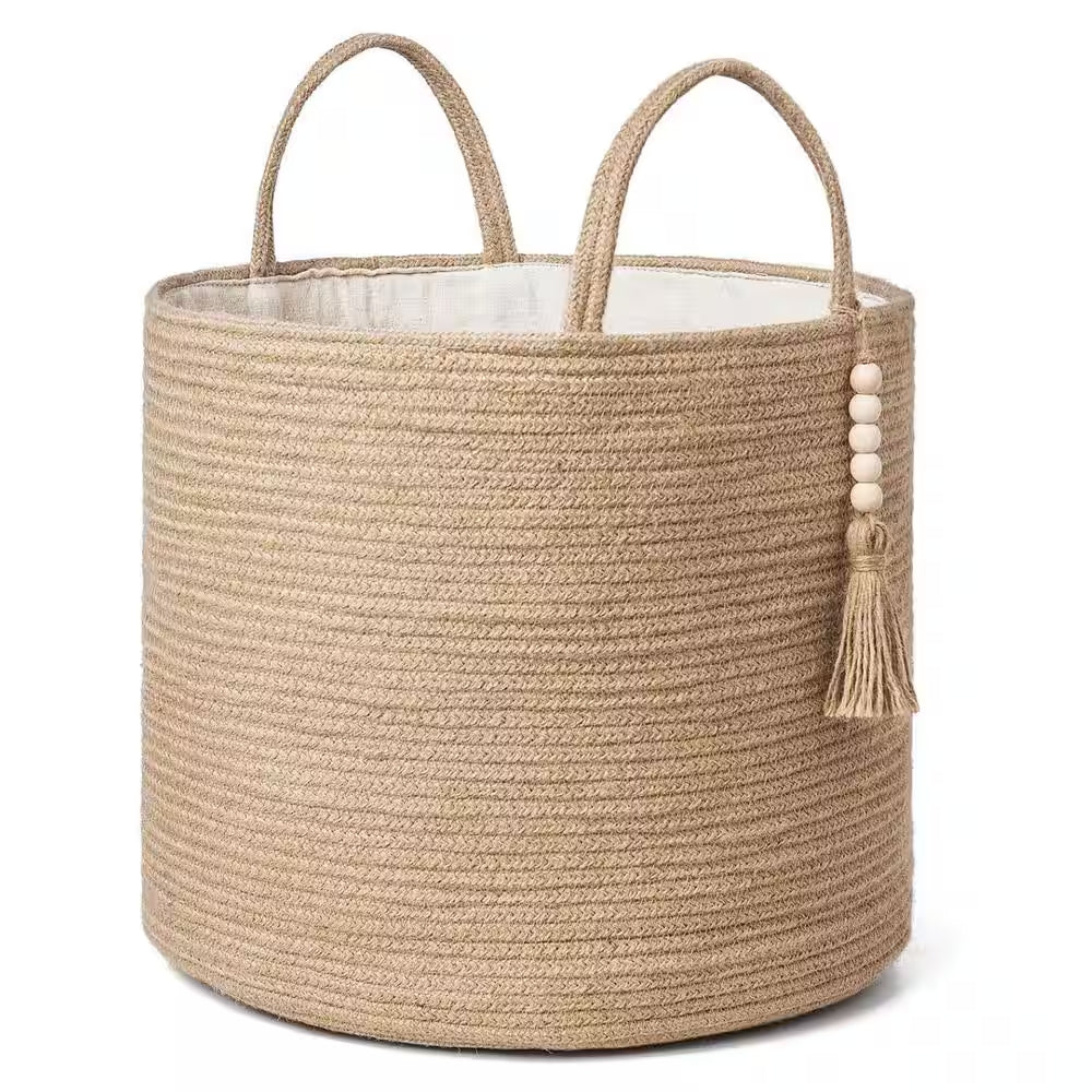 Woven Storage Basket Decorative Natural Rope Wooden Bead for Blanket & Toys Organizer Bin with Handles, Brown