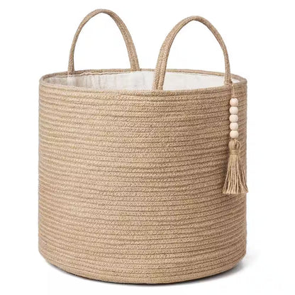 Woven Storage Basket Decorative Natural Rope Wooden Bead for Blanket & Toys Organizer Bin with Handles, Brown