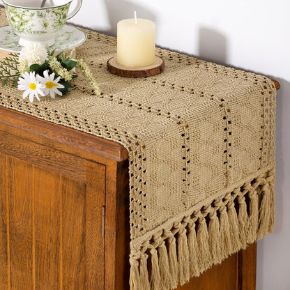 Champagne boho cotton table runner with macrame fringe, view 2