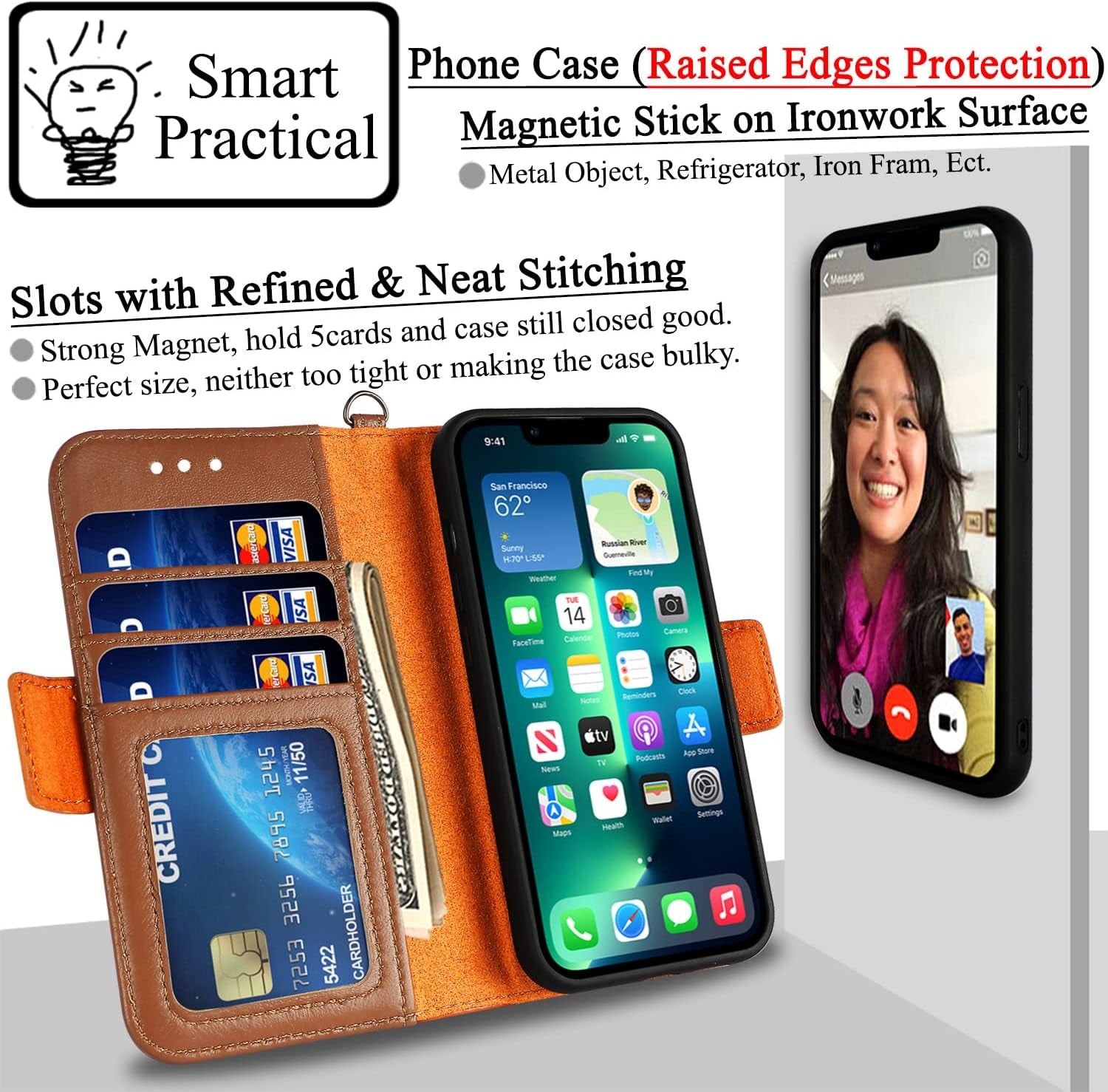 Genuine Leather Folio Wallet Case for Iphone 13 Mini 5G, Wireless Charging Compatible, RFID Card Protection, Magnetic Detachable, Luxury Flip Phone Cases Cover, Tempered Glass Included (Brown)