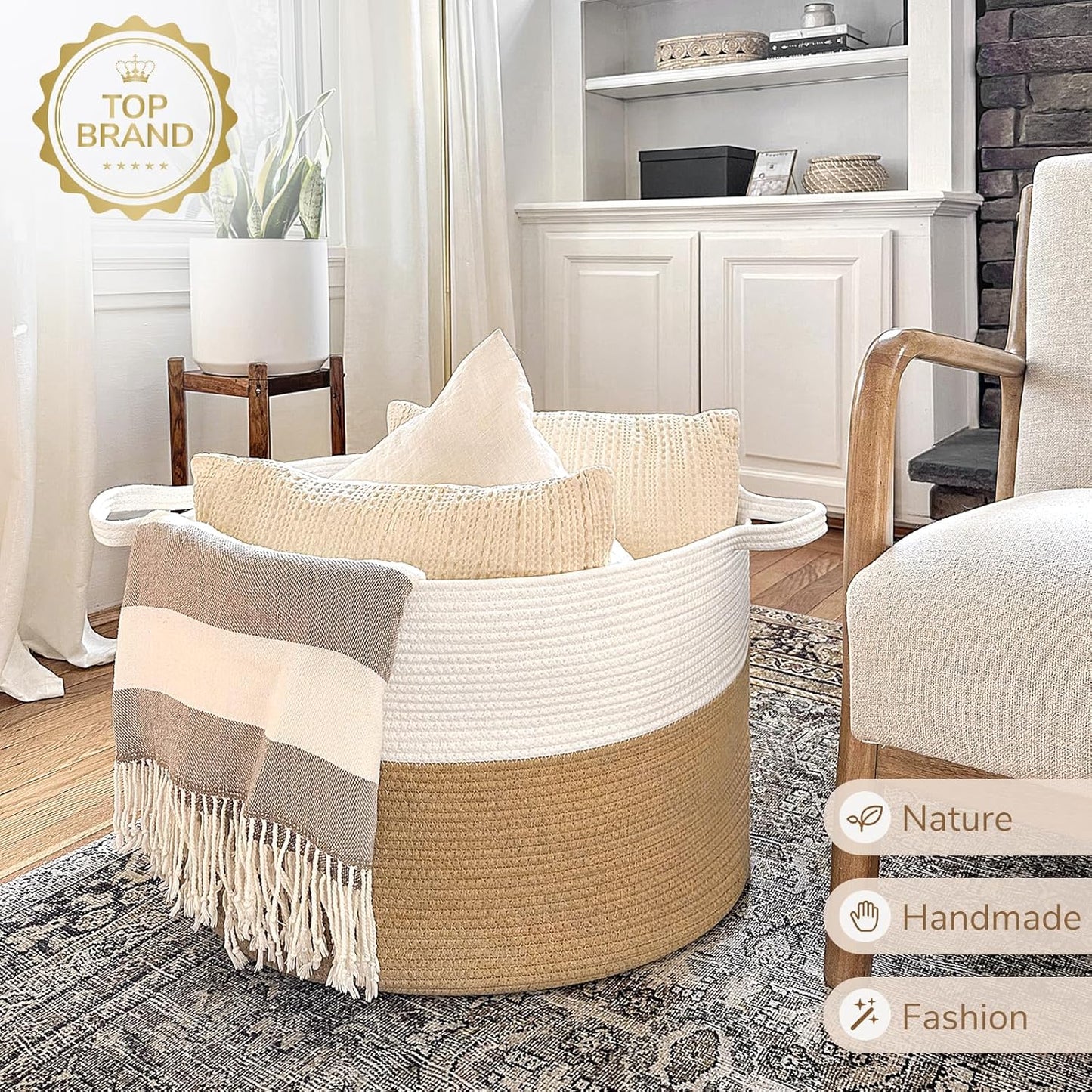 Xxxlarge Jute Rope Basket 21.7" X 21.7" X 13.8" Woven Baby Laundry Baskets for Blankets Toys Storage Basket with Handle Comforter Cushions Storage Bins Thread Laundry Hamper