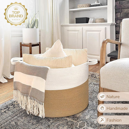 Xxxlarge Jute Rope Basket 21.7" X 21.7" X 13.8" Woven Baby Laundry Baskets for Blankets Toys Storage Basket with Handle Comforter Cushions Storage Bins Thread Laundry Hamper