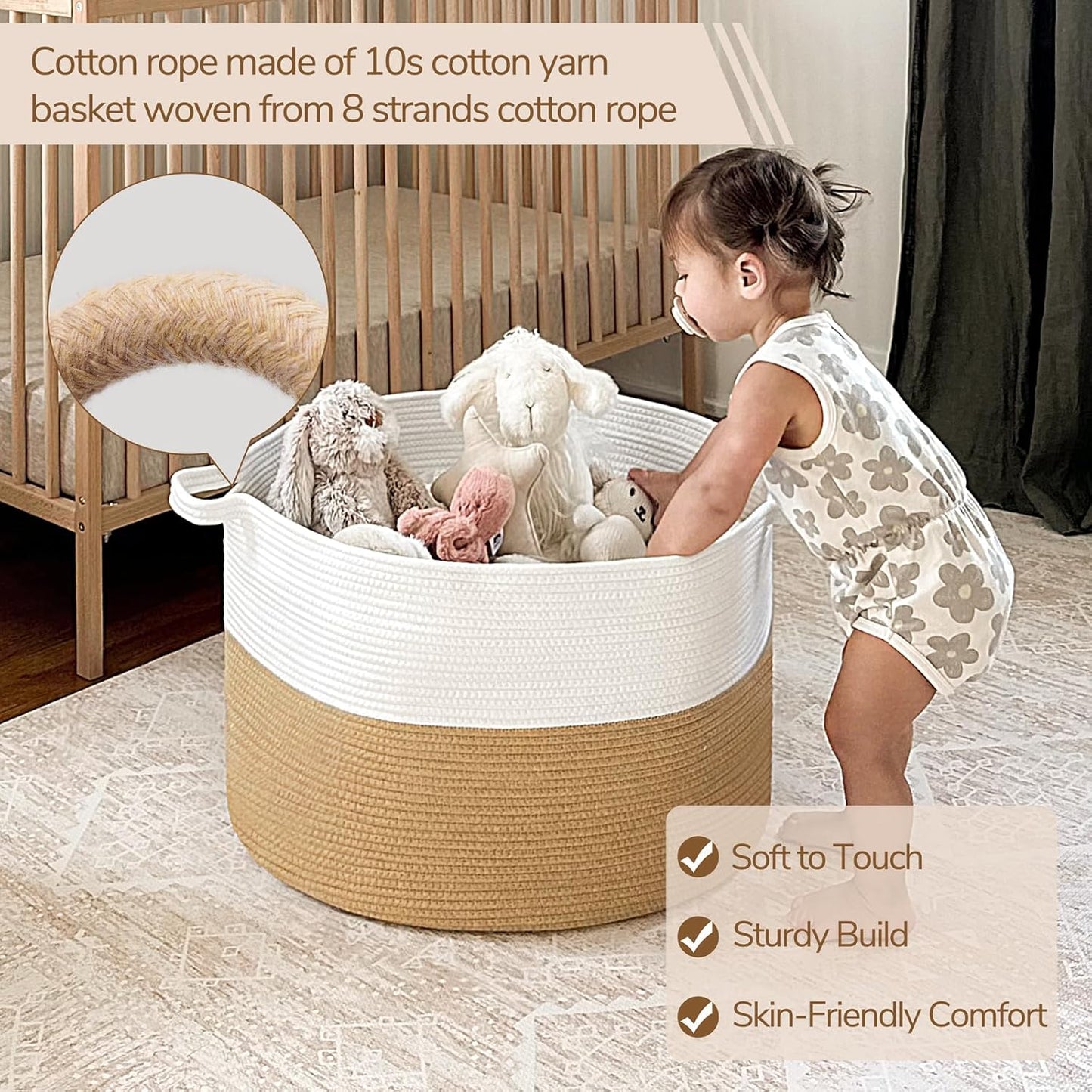 Xxxlarge Jute Rope Basket 21.7" X 21.7" X 13.8" Woven Baby Laundry Baskets for Blankets Toys Storage Basket with Handle Comforter Cushions Storage Bins Thread Laundry Hamper